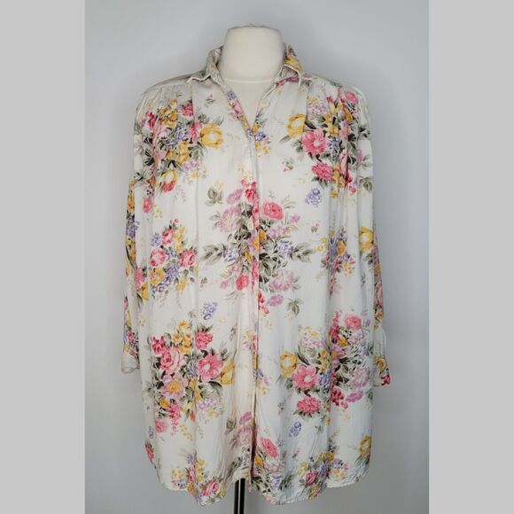 Vintage Floral Oversized Button Up Top Size S Pleated Longline Flowy Cottage - Picture 1 of 11